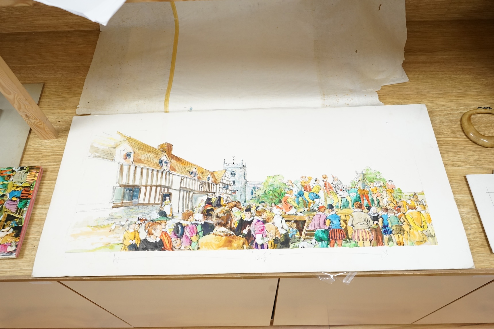 Gordon King, a collection of original illustrations for 'One day in Shakespeare's England' to include a copy of William Shakespeare's signature, The Globe Theatre and figures in 17th century dress, largest 45 x 95cm, unf
